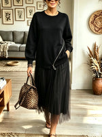 Women's Zipper Accent Sweater Tulle Midi Dress