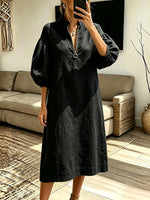 Vintage Elegant Cotton Linen Stand-up Collar Puff Sleeve Half Zipper Dress