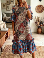 Women's Vintage Persian Ethnic Floral Print Ruffle Hem Midi Dress