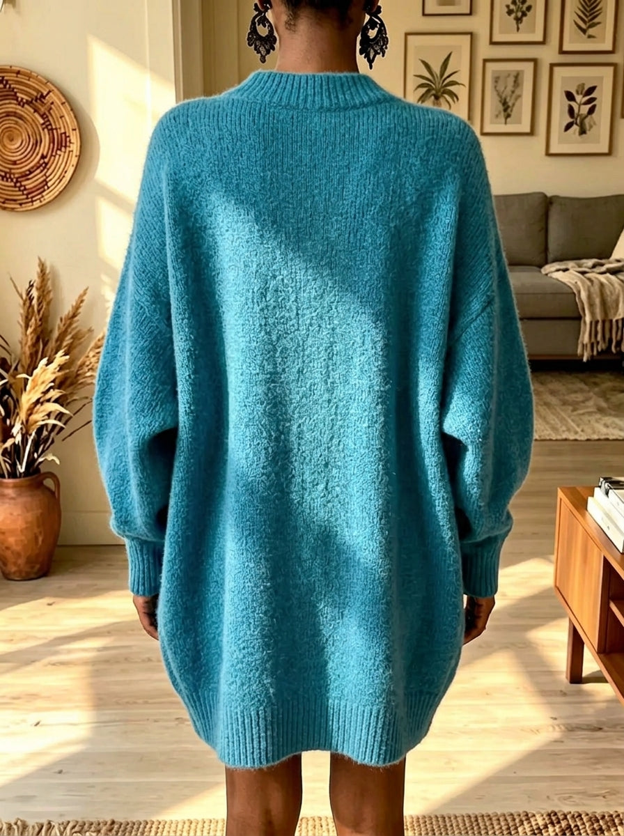 Women's Oversized V-Neck Gold Button Knit Dress