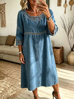 Women's Floral Crochet Cutout Denim Midi Dress