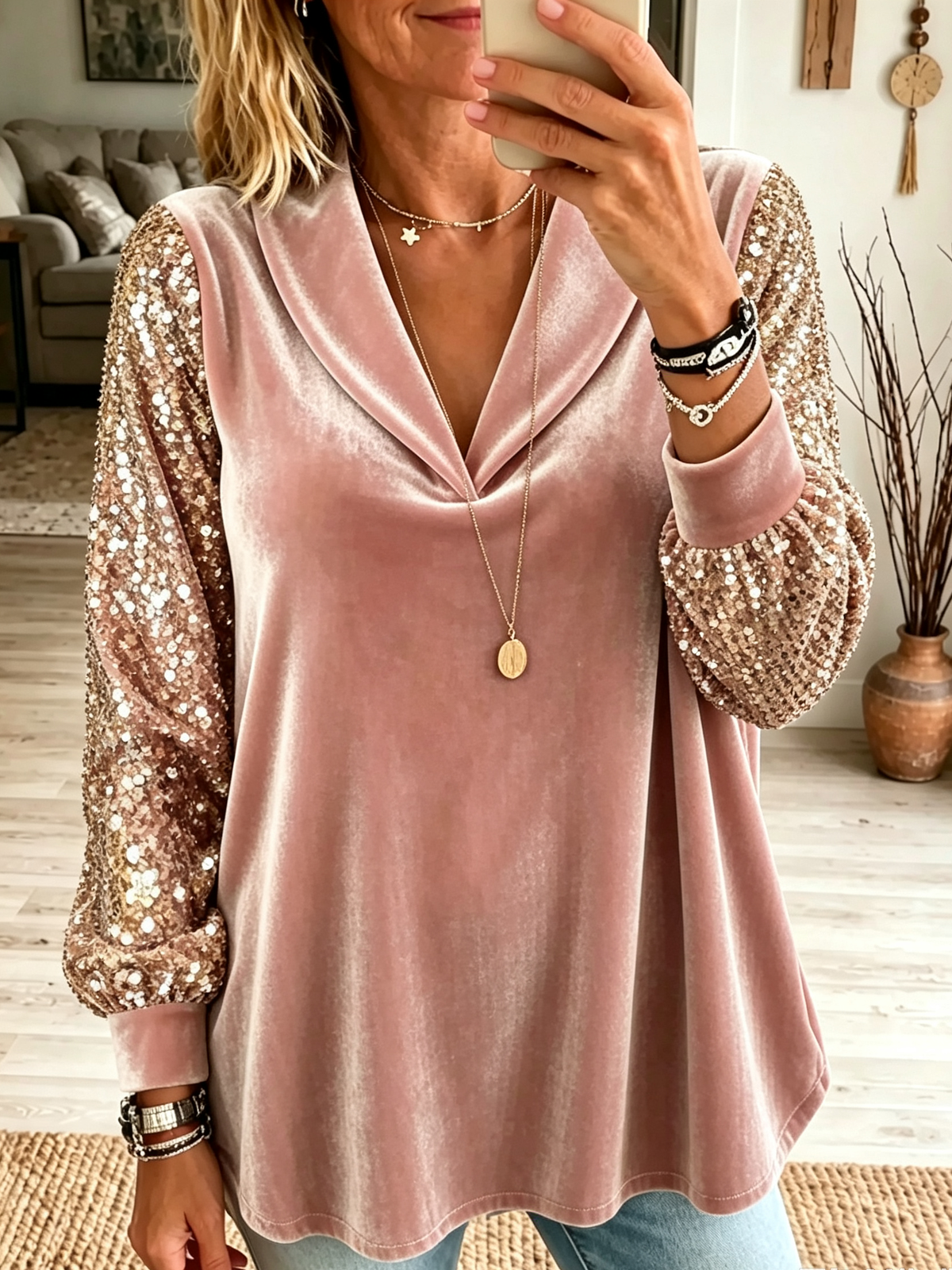 Women's Sequin Sleeve Velvet V-Neck Top