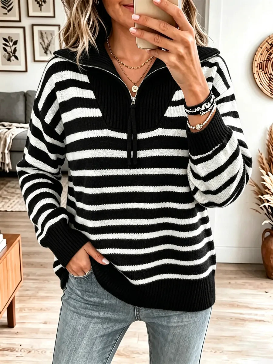 Elegant Stripe Pattern Zip Knit Art Casual Stylish Long Sleeve Sweater