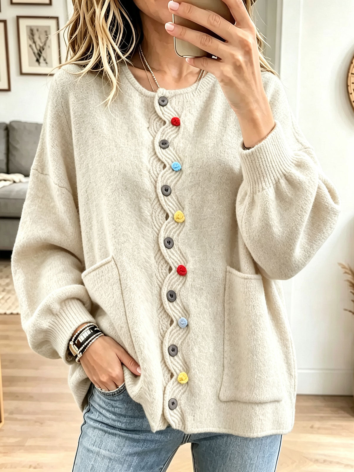 Women Green Wavy Trim Colorful Buttons Pocket Knit Cardigan