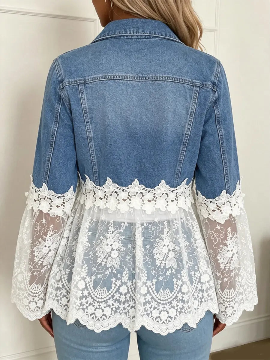 Retro Floral Lace Patchwork Casual Stylish Long Sleeve Denim Lapel Coat
