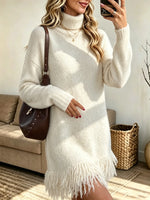 Women's Turtleneck Fringe Hem Sweater Mini Dress