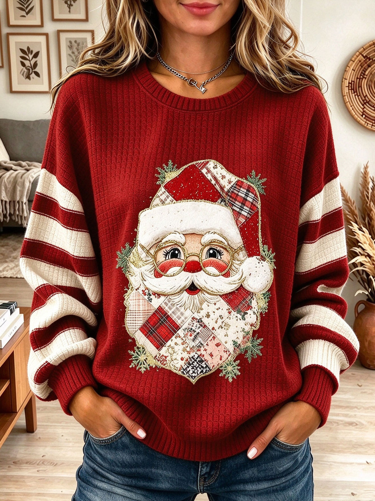 Women's Christmas Santa Claus 3D Applique Striped Sleeve Sweatshirt Pullover