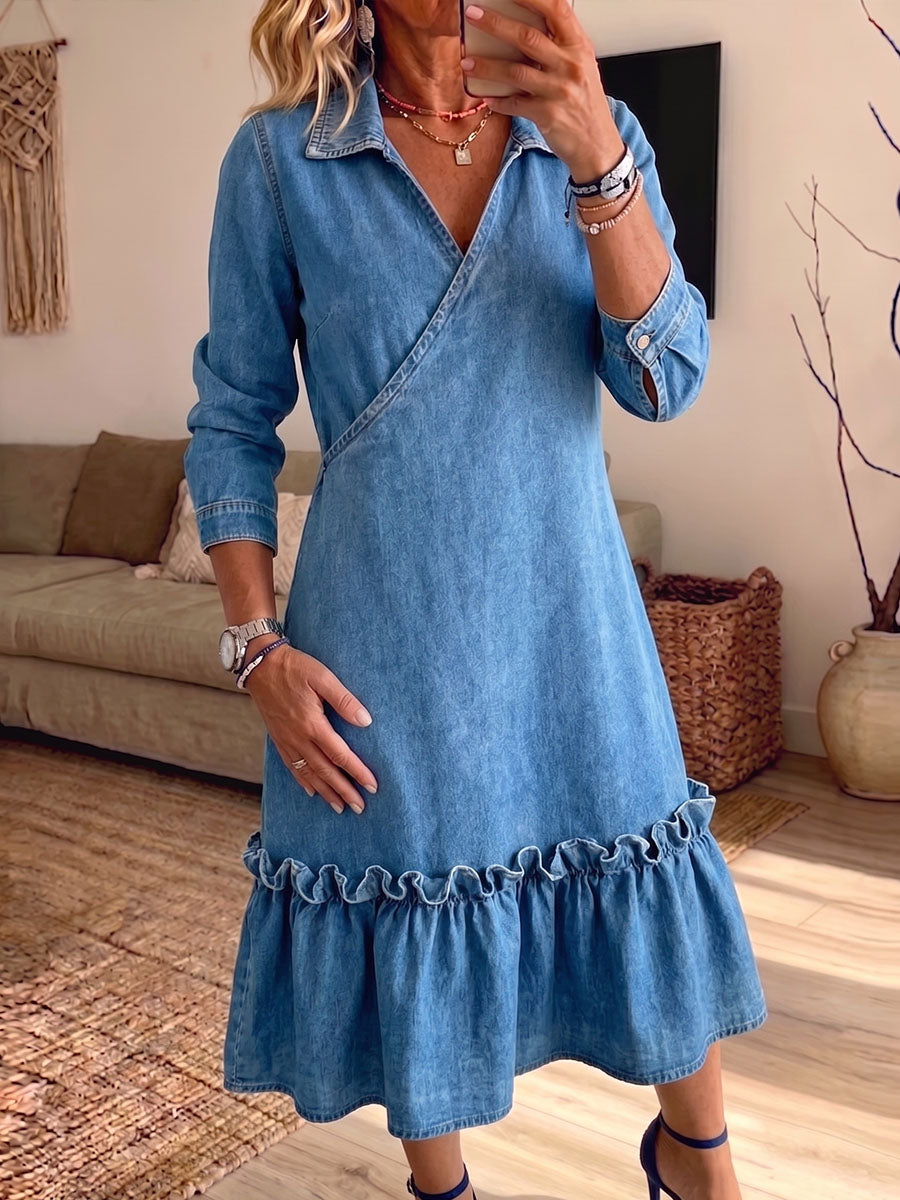 Vintage Elegant Denim Patchwork Trim Ruffle Dress