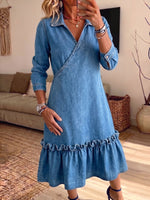 Vintage Elegant Denim Patchwork Trim Ruffle Dress