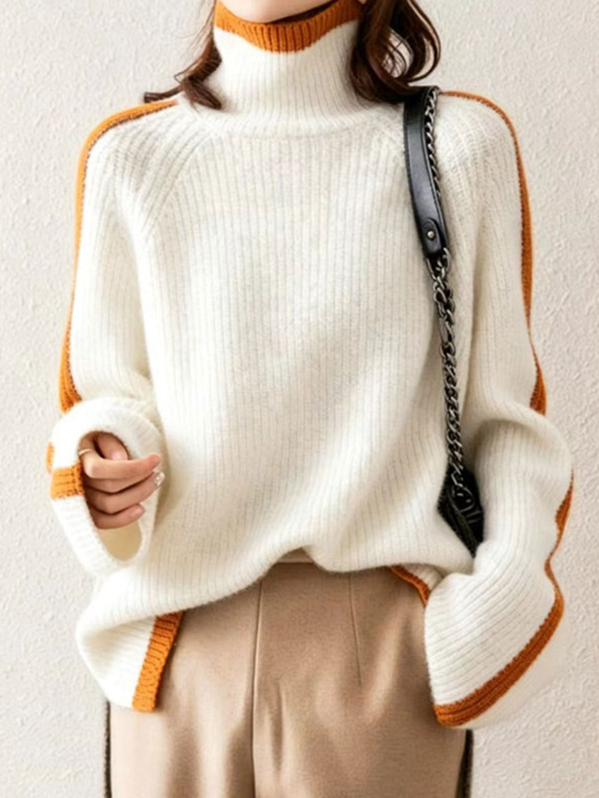 Women Turtleneck Color‑Block Raglan Sleeve Knit Sweater