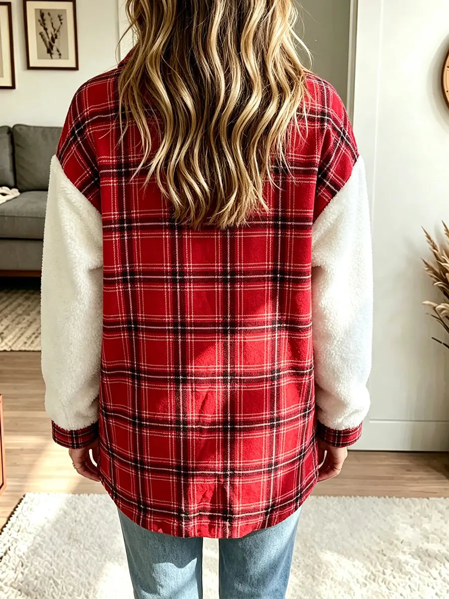Women's Collared Plaid Print Fleece Patchwork Color-block Long-sleeve Coat