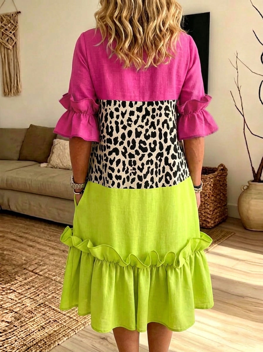 Color Block Leopard Print Ruffle Midi Dress With Pockets
