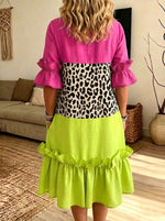 Color Block Leopard Print Ruffle Midi Dress With Pockets