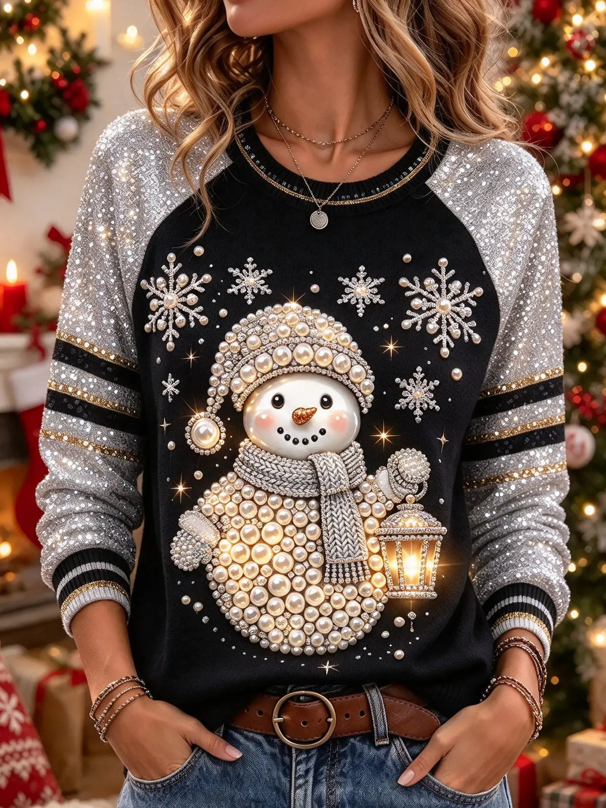 Women's Pearl Snowman Sequin Sleeve Print Christmas Sweatshirt