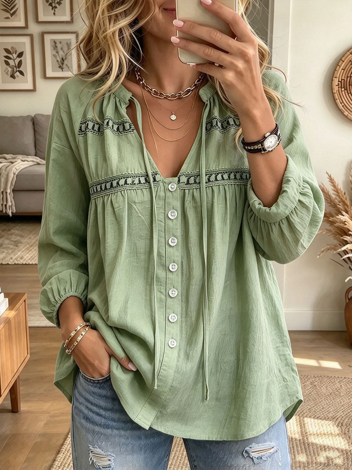 Women's Sage Green Long Sleeve Button-Up Blouse with Contrast Embroidery