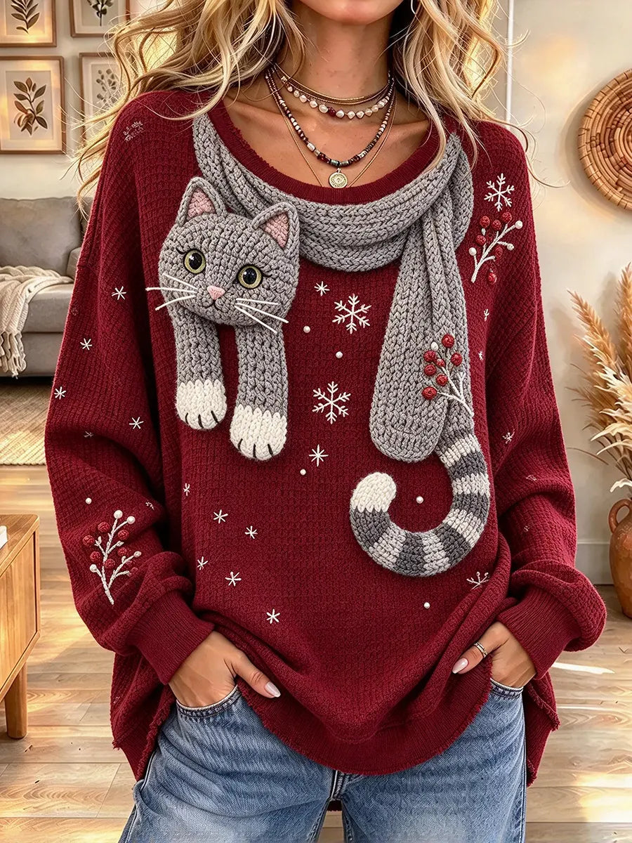 Women's Cute Cat Print Knit Crew Neck Sweater