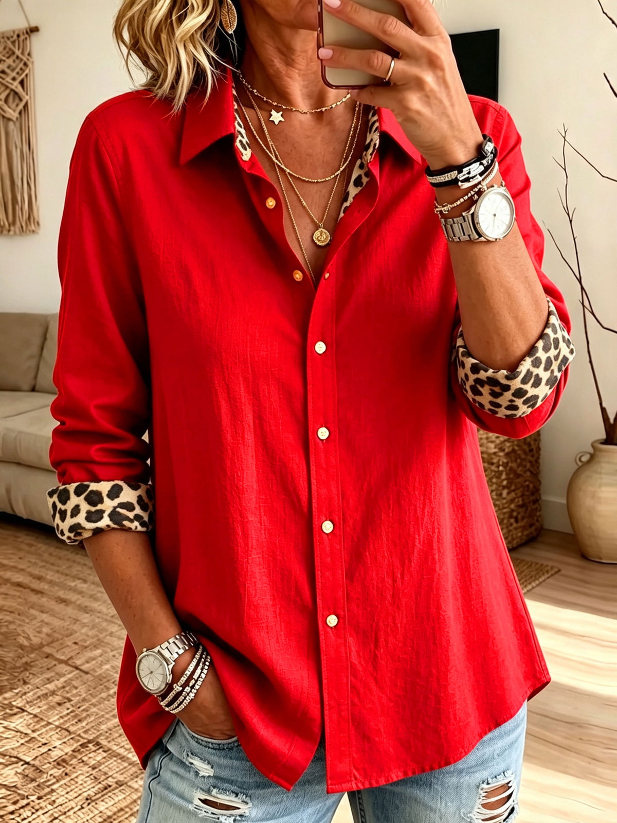 Women Red Contrast Leopard Cuff Button Down Shirt Lapel Long Sleeve Loose Blouse