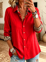 Women Red Contrast Leopard Cuff Button Down Shirt Lapel Long Sleeve Loose Blouse