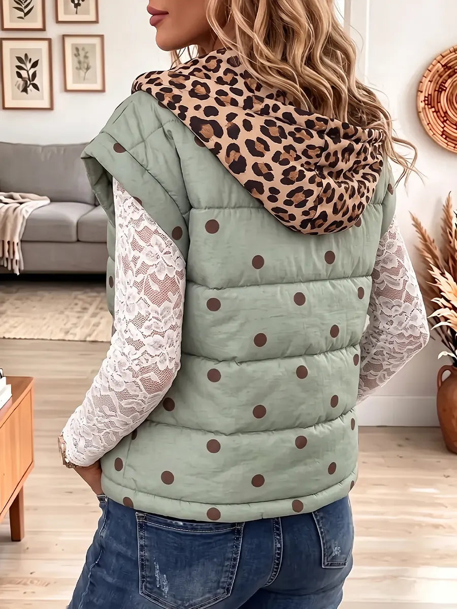 Vintage Elegant Leopard Print Patchwork Quilted Winter Jacket Vest