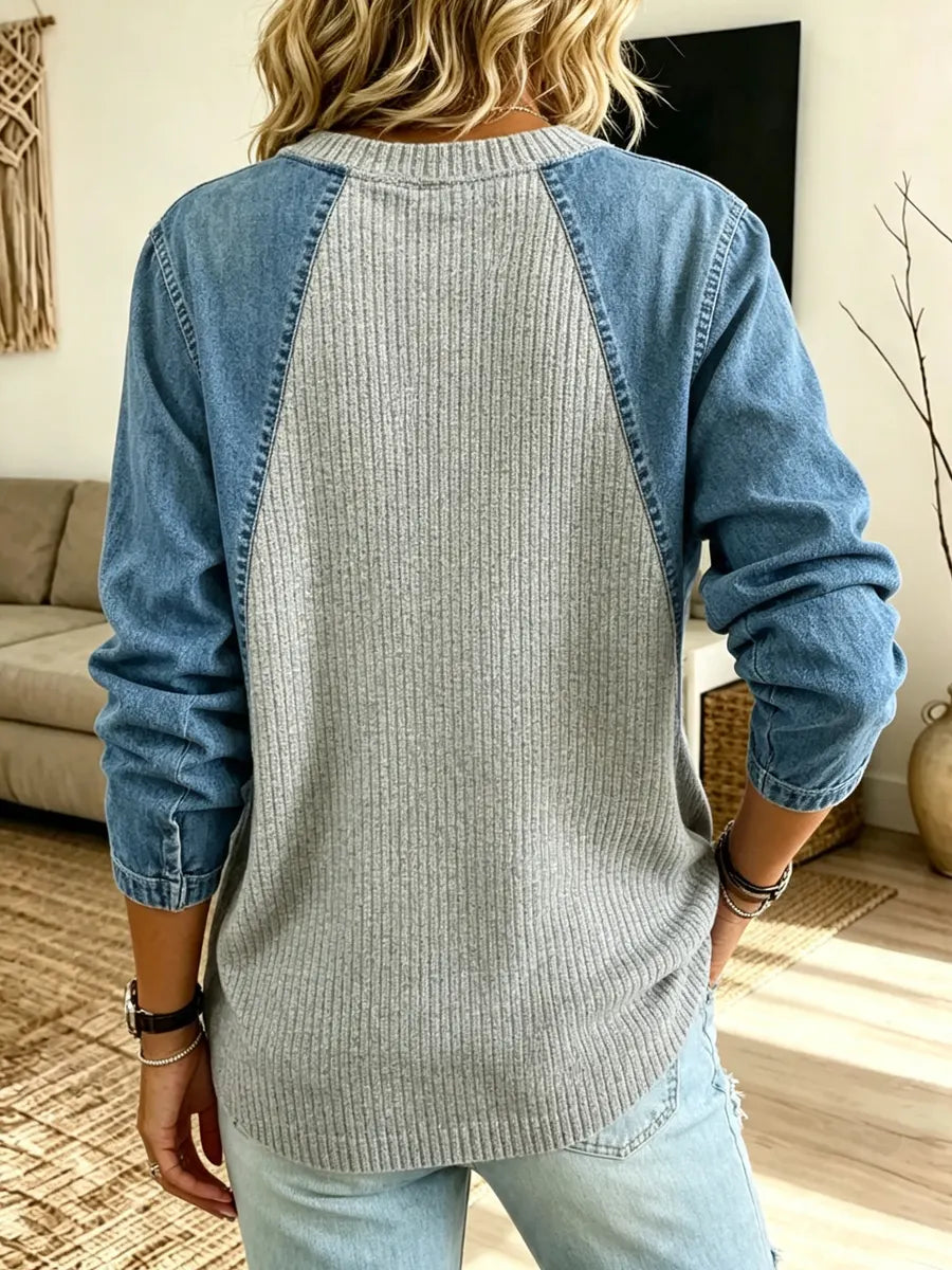 Retro 3/4 Sleeve Casual Stylish Knitted Denim Patchwork Top