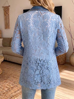 Women Denim Lace Spliced Jacket Lapel Waterfall Collar Long Sleeve Open Front Coat
