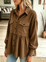 Women's Peplum Ruffle Corduroy Button-Down Shirt