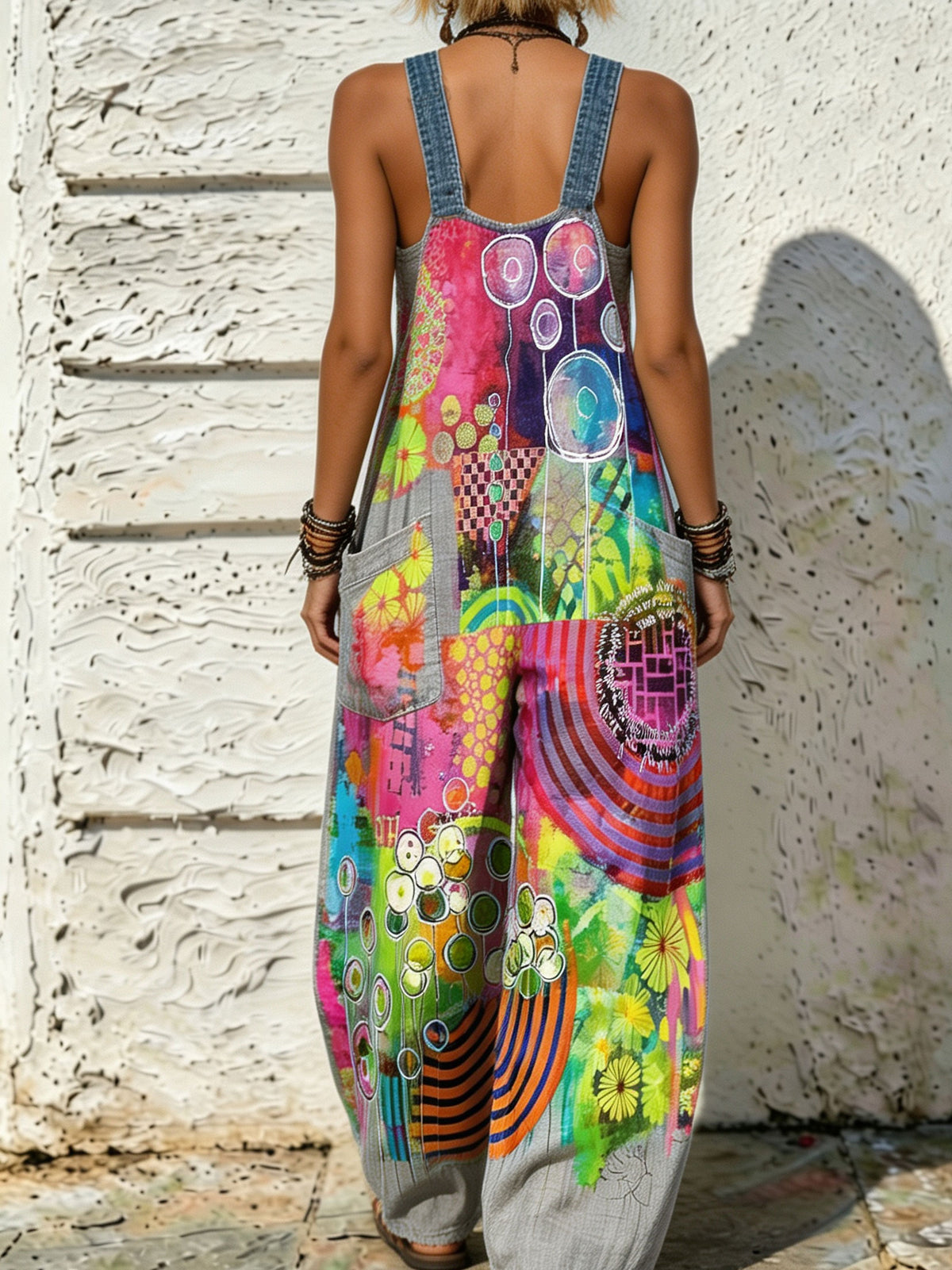 Women's Vibrant Abstract Art Print Adjustable Strap Wide Leg Overalls Jumpsuit