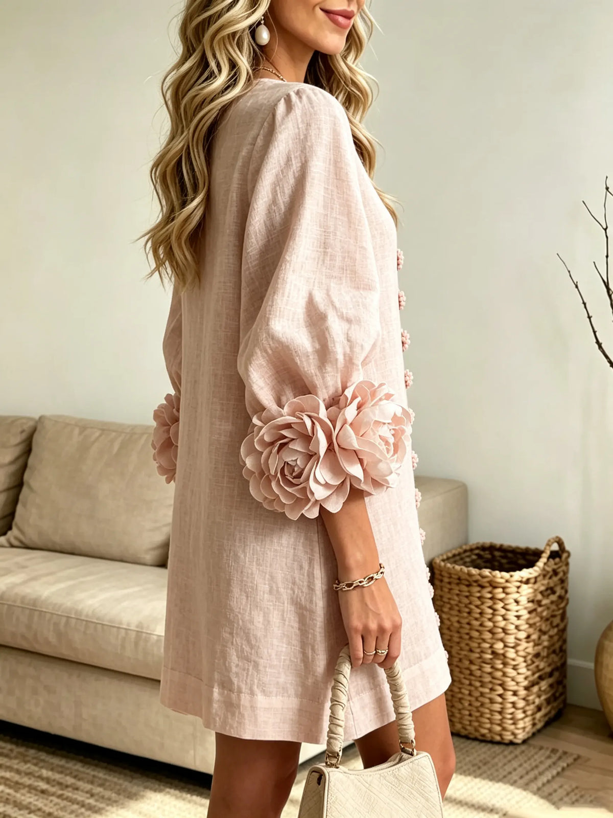 Women's 3D Floral Accent Button-Down Linen Mini Dress