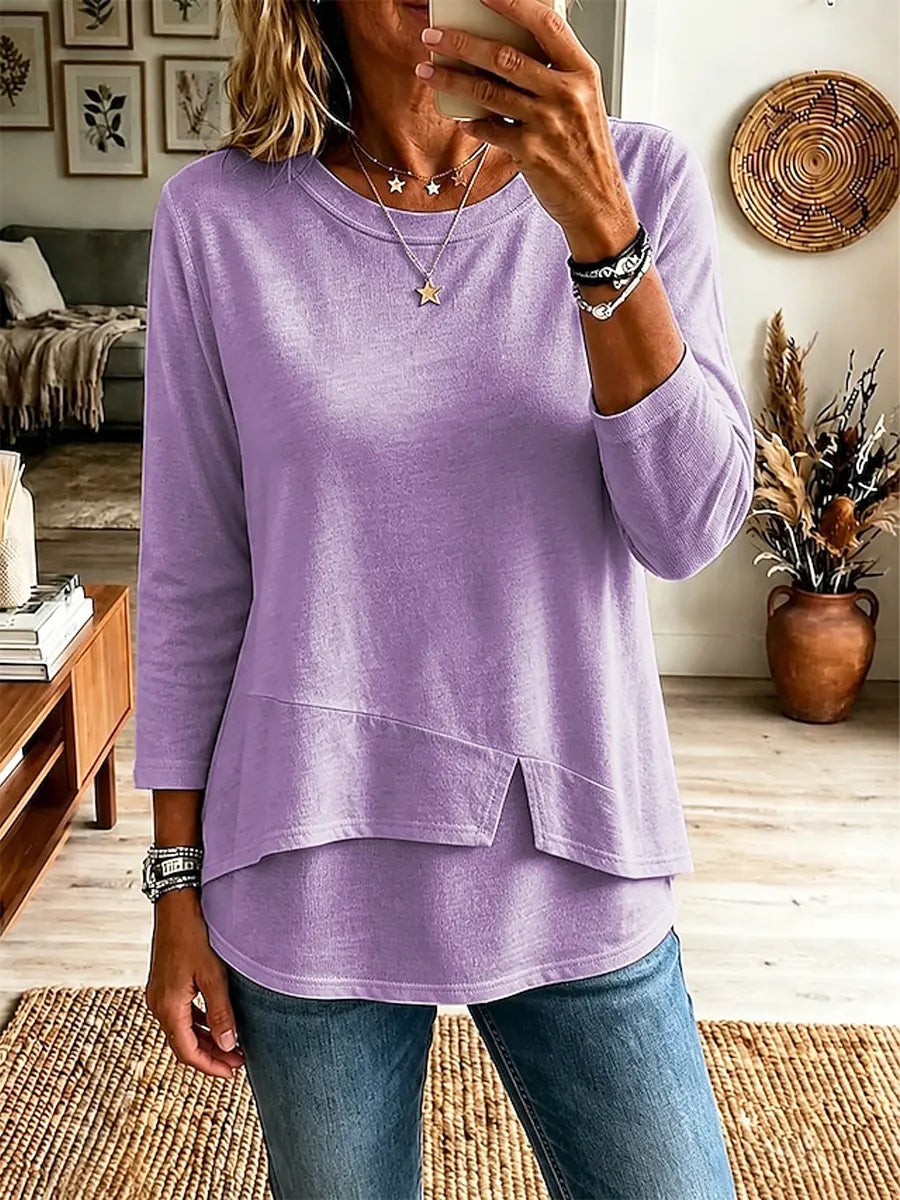 Solid Color Asymmetrical Hem Art Casual Stylish 3/4 Sleeve Cotton Shirt