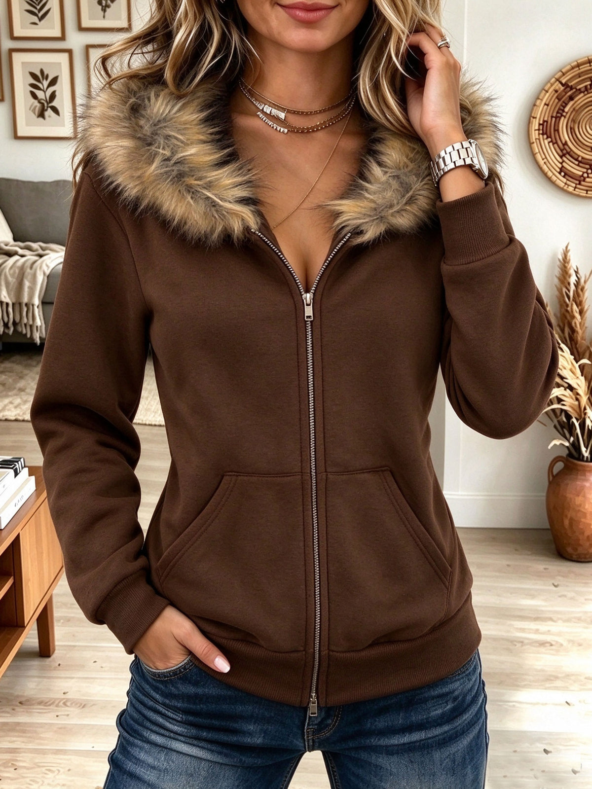 Women's Brown Full Zip Hoodie Sweatshirt with Faux Fur Hood Trim and Pockets