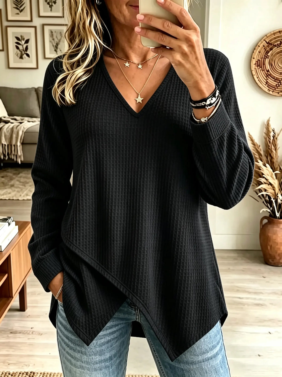 Women's Asymmetrical Hem Waffle Knit V-Neck Top