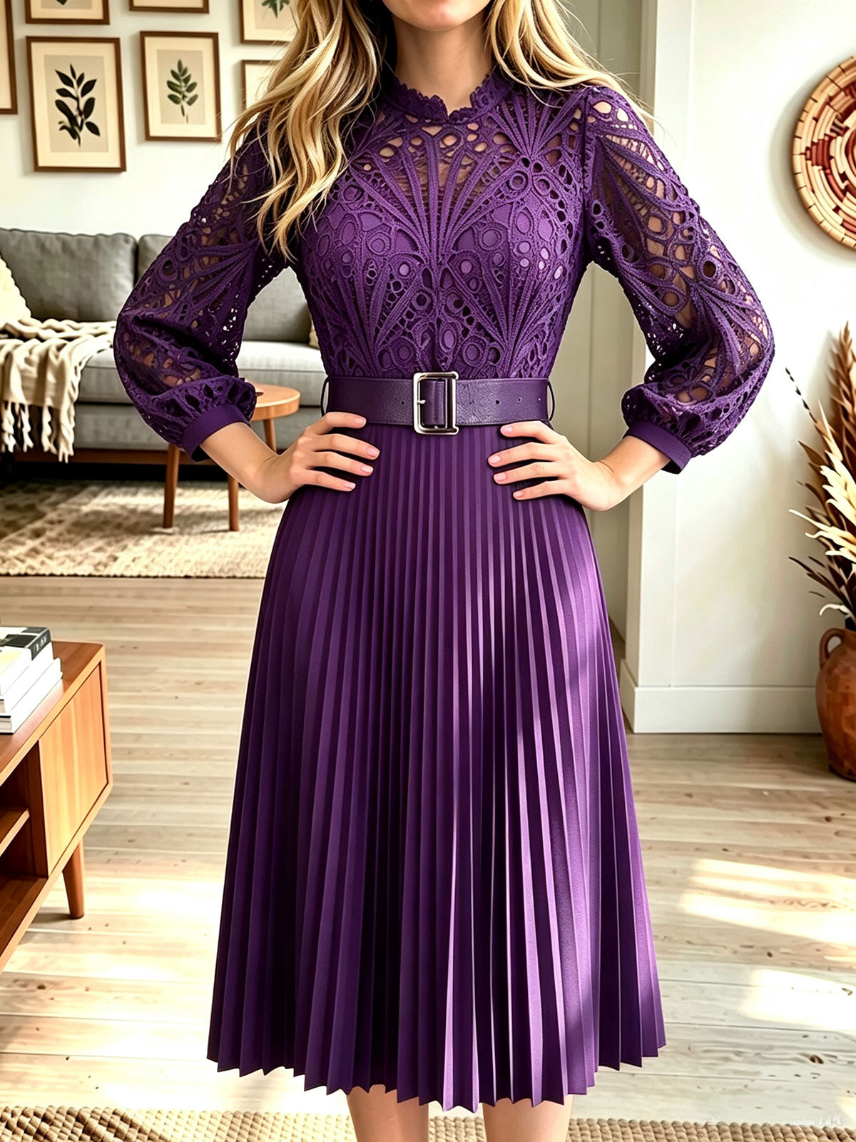 Women Lace Long‑Sleeve Belted Pleated Midi Dress