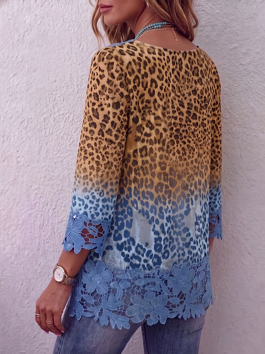Vintage Elegant Pattern Print Patchwork Hollowed Out Lace Shirt