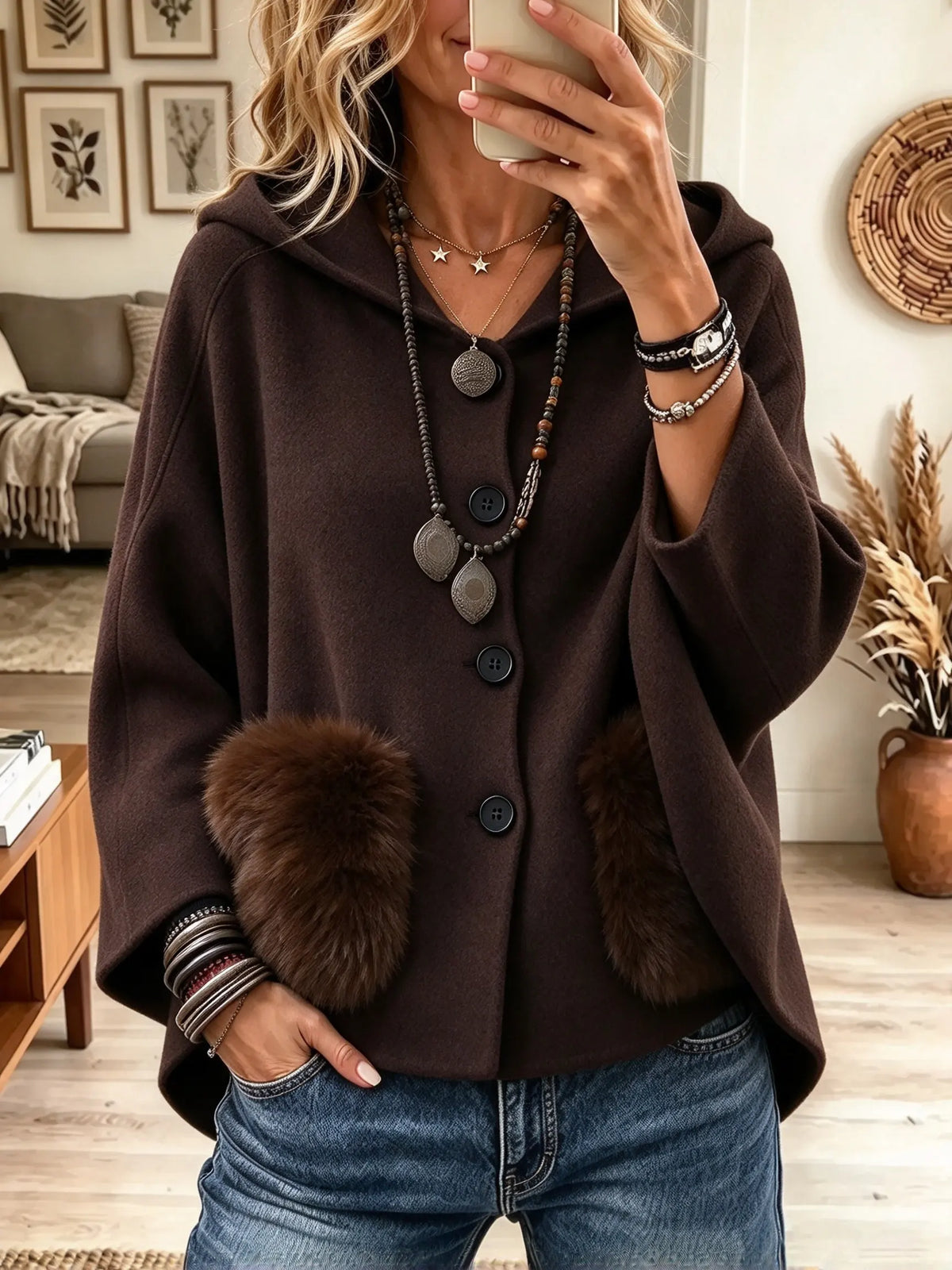 Women's Faux Fur Pocket Hooded Woolen Cape