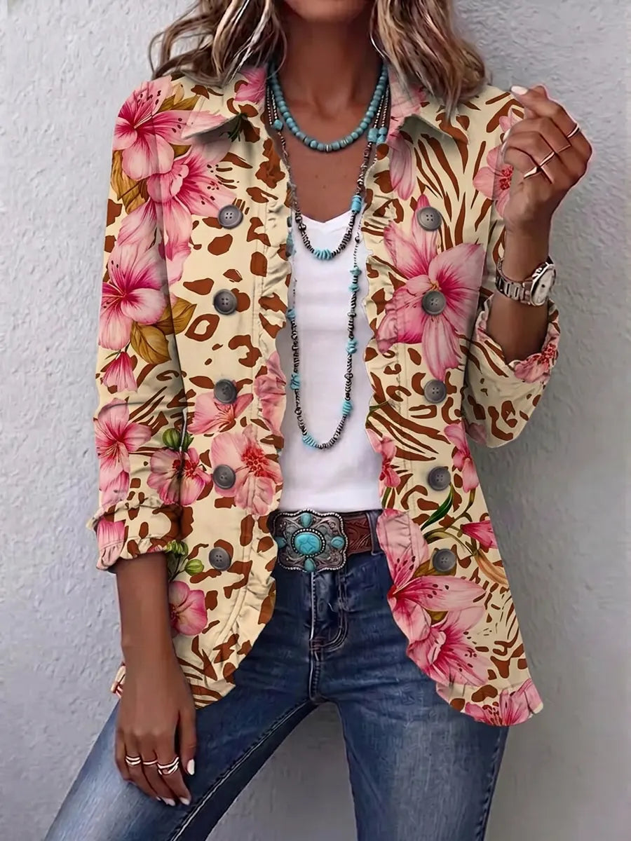 Retro Leopard Floral Patchwork Pattern Art Print Ruffle Casual Stylish Cotton Lapel Coat