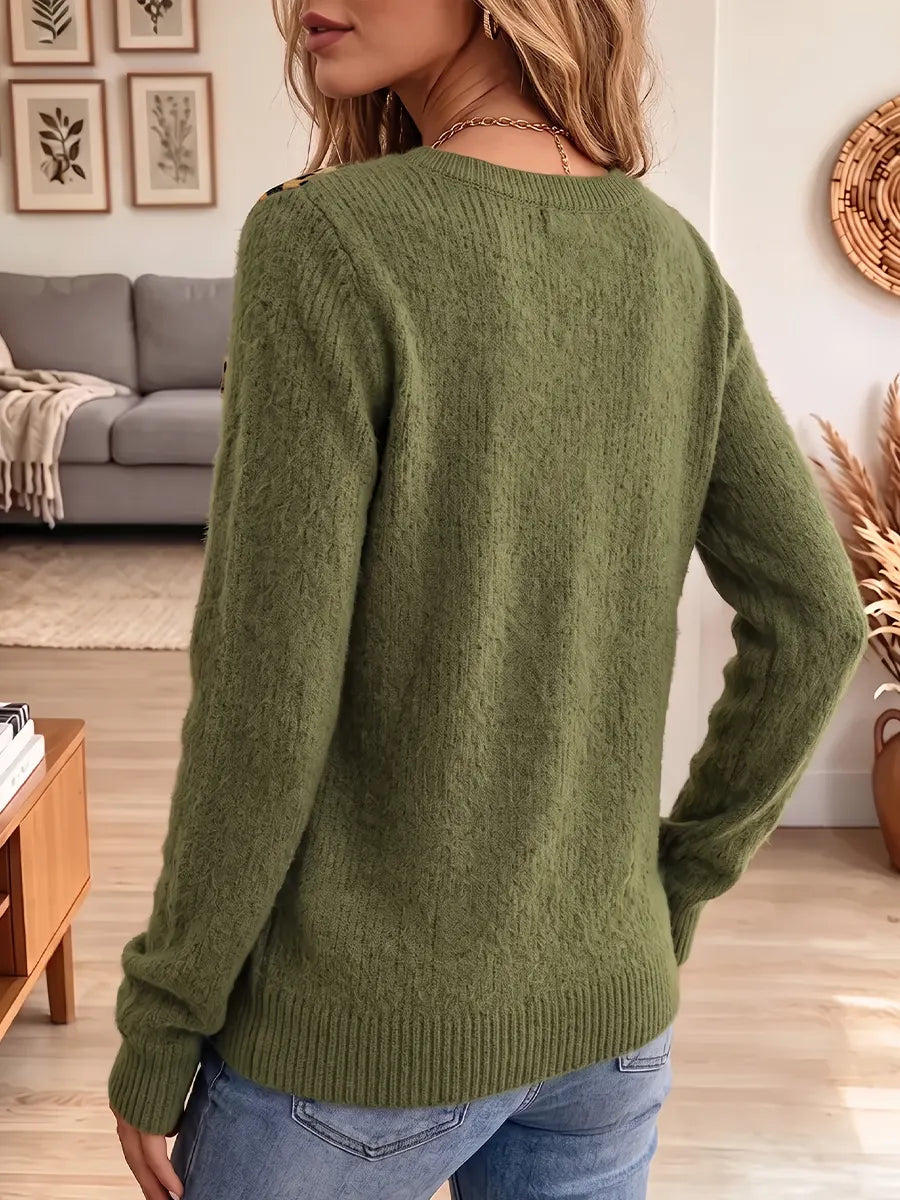Vintage Elegant Cut-out Knit Patchwork Leopard-print Bow Sweater
