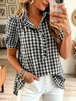 Retro Plaid Pattern Art Ruffle Casual Stylish Short Sleeve Shirt