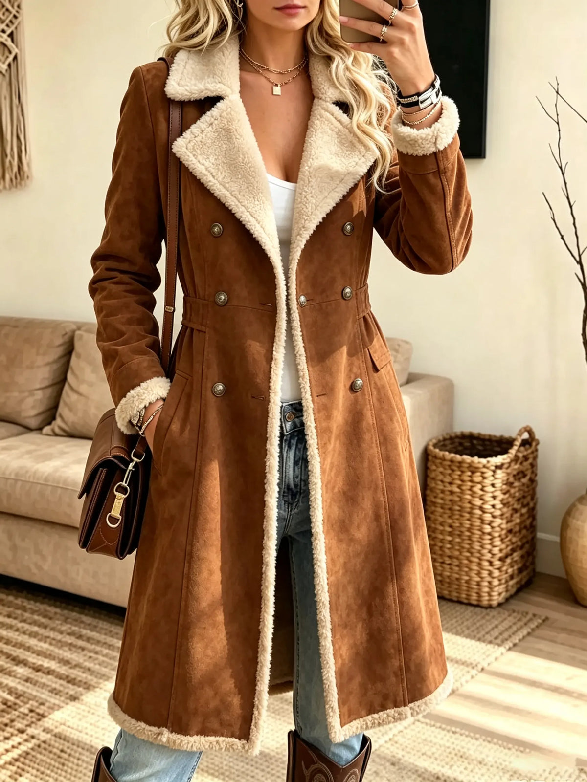 Women's Double-Breasted Sherpa Lined Suede Coat