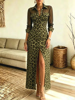 Retro Leopard Pattern Patchwork Art Casual Button Stylish Long Sleeve Maxi Dress