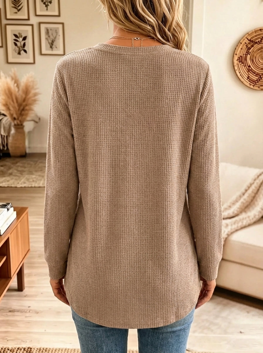Women's Waffle Knit Button Henley Tunic Top