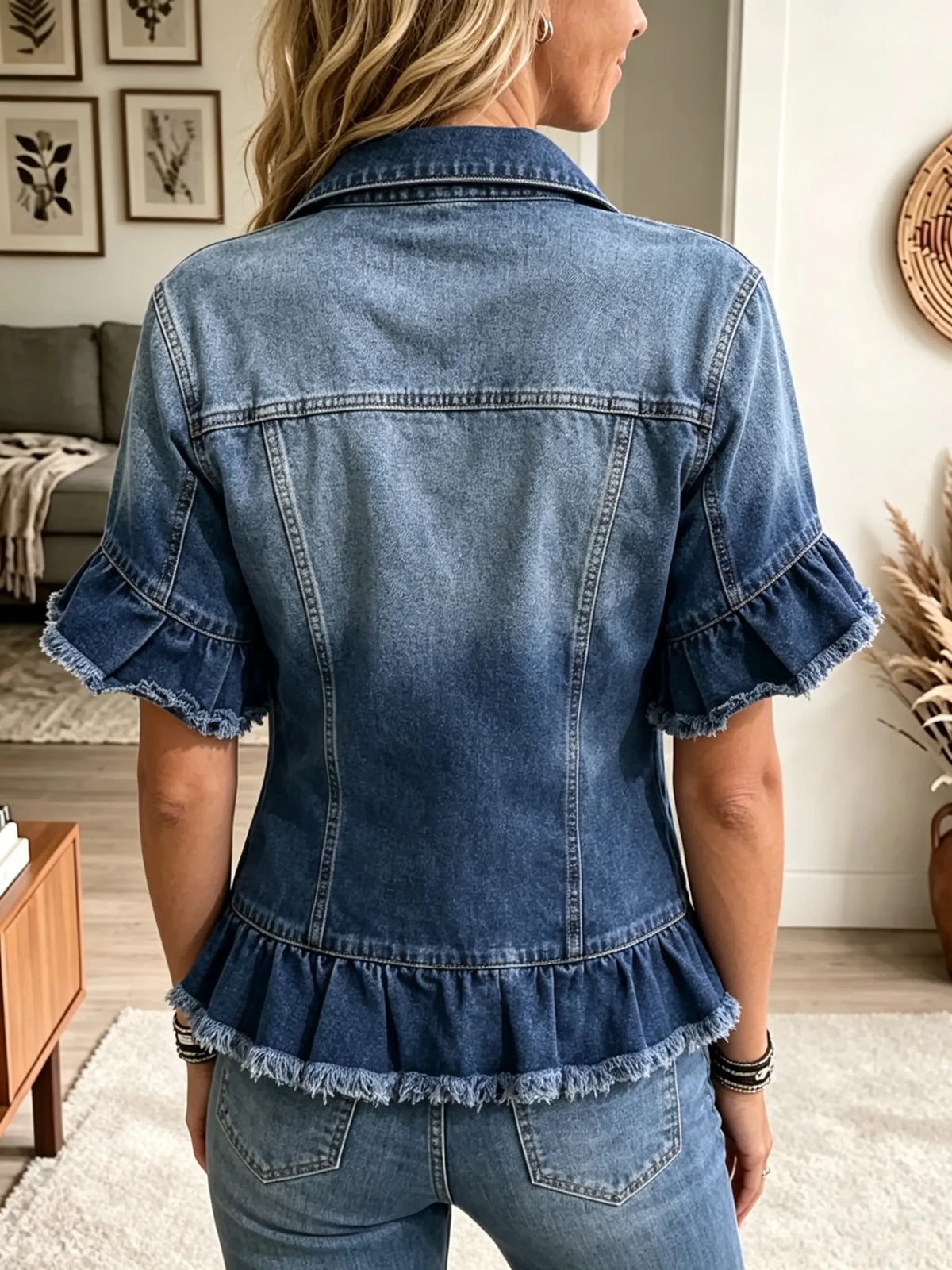 Women's Ruffled Hem Short Sleeve Denim Jacket