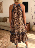 Women Leopard Print Halter Midi Dress Denim Contrast Ruffle Hem Sleeveless Dress With Pockets