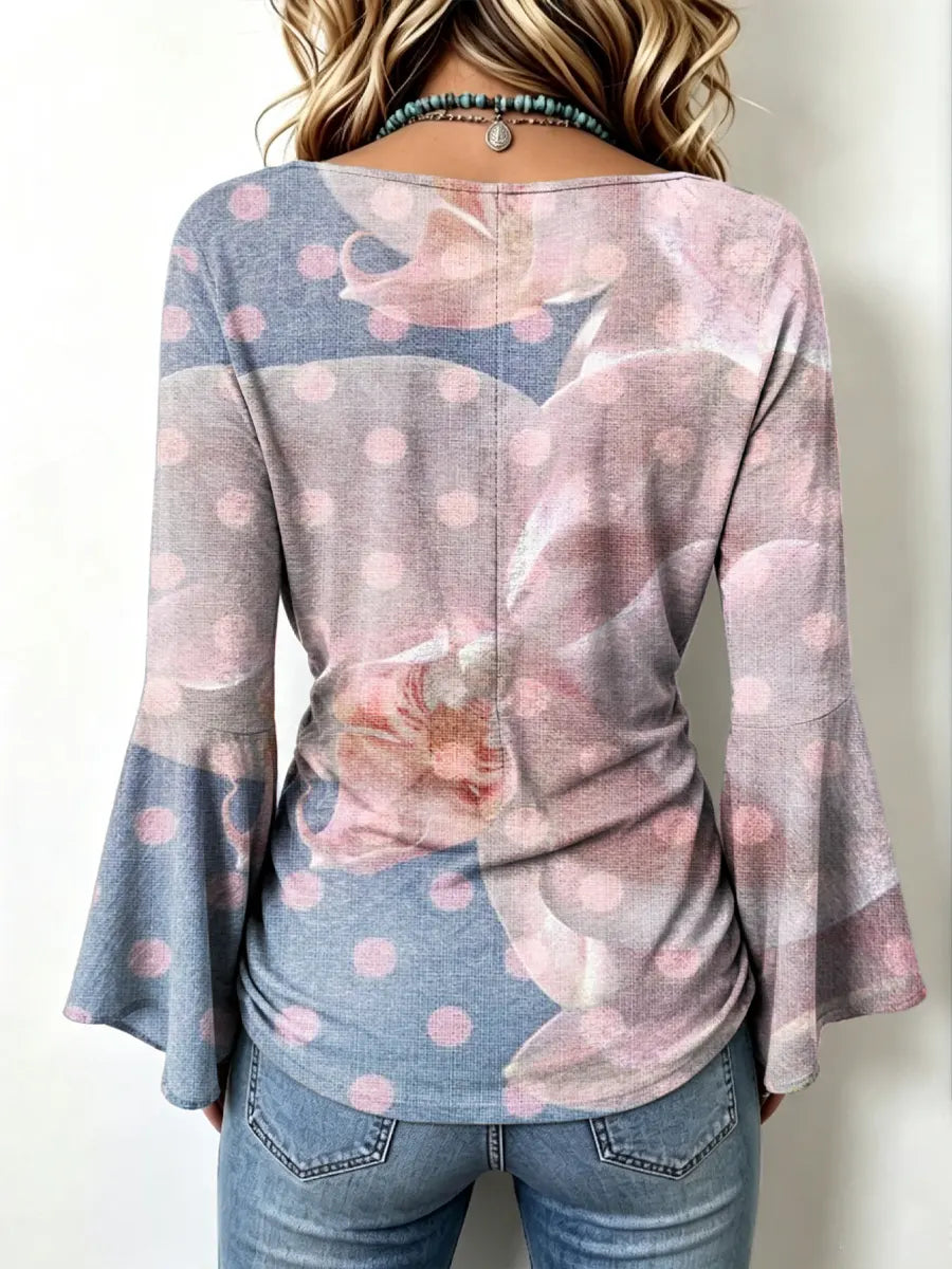Retro Floral Polka Dot Pattern Art Print Casual Stylish Cotton V Collar Shirt