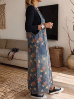 Women's Vintage Floral Print Denim Pinafore Midi Dress With Pockets