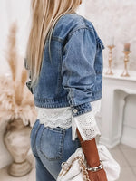 Retro Fashion Floral Lace Art Patchwork Lapel Casual Stylish Denim Coat