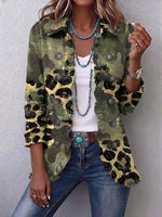Retro Leopard Patchwork Pattern Art Print Ruffle Casual Stylish Cotton Lapel Coat