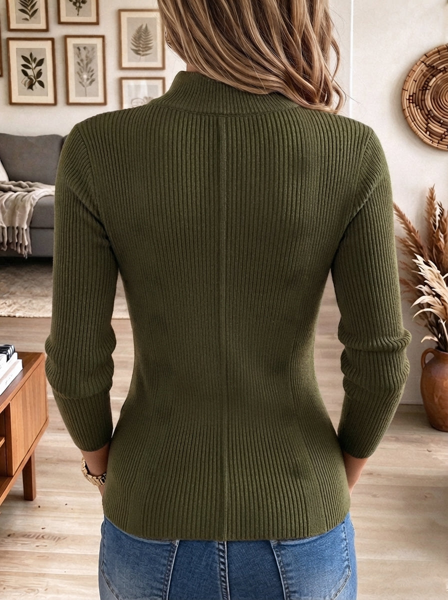 Women's Olive Green Ribbed Knit Full Zip Cardigan with Ornate Metallic Buttons