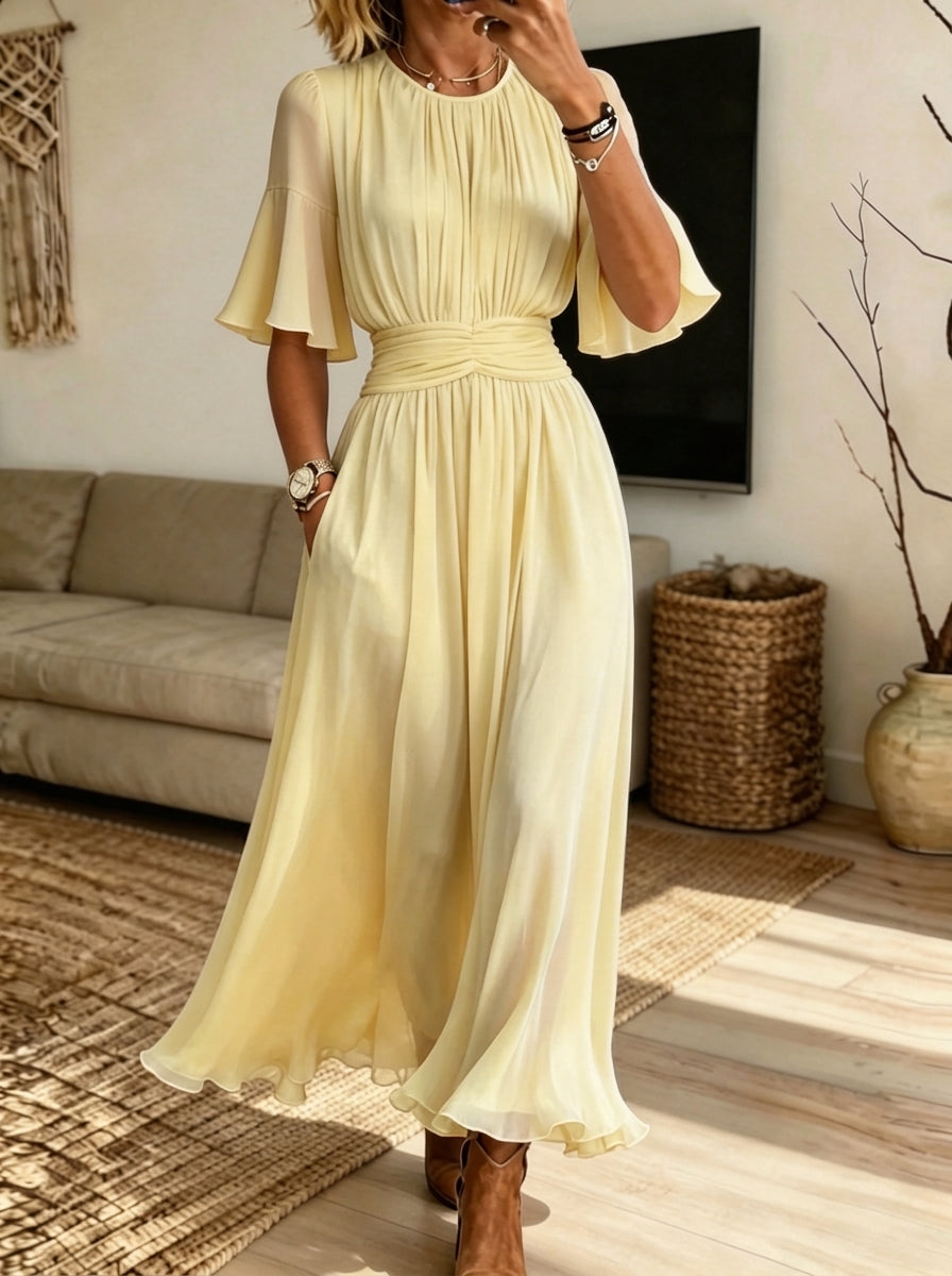 Women Pleated Waist Flare Sleeve Chiffon Maxi Dress With Pockets