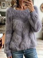 Fuzzy Chevron Textured Sweater, Loose Long Sleeve Boat Neck Pullover