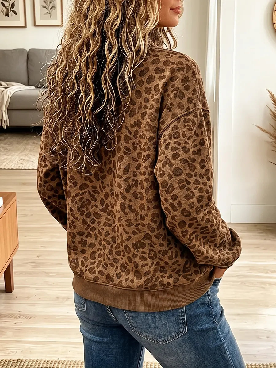 Vintage Elegant Washed Leopard Print High Neck Pocket Sweatshirt